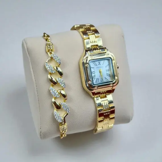 Montre Femme Dorée avec Bracelet Cristal – Ensemble Élégant et Chic